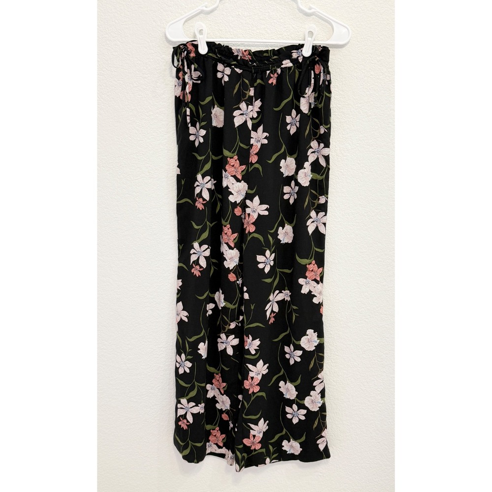 Shade & Shore Black Floral Wide Leg Paperbag Waist Pants Medium